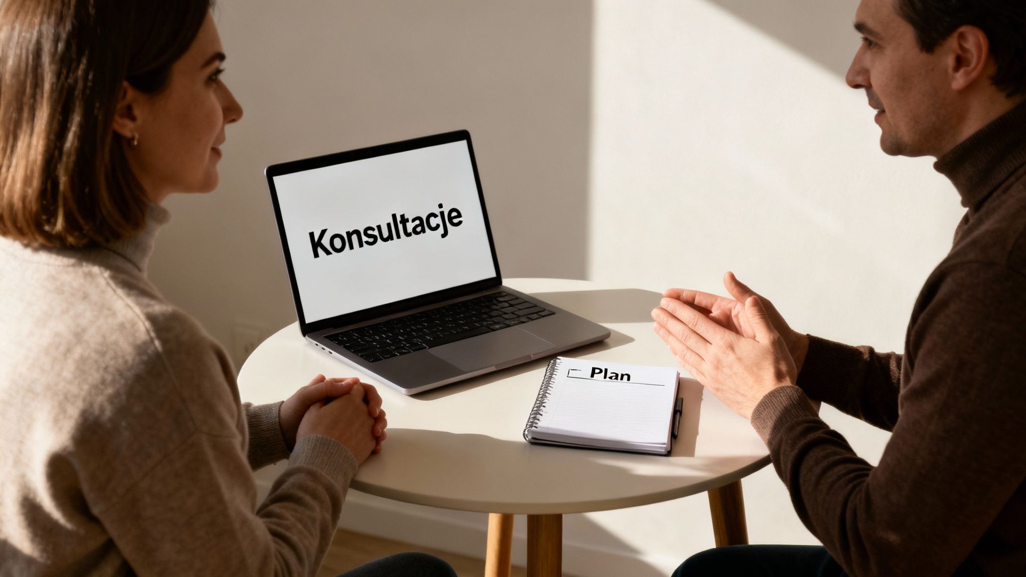 Dwoje ludzi rozmawia przy stole. Na laptopie widnieje napis „Konsultacje”, a w notatniku „Plan”.