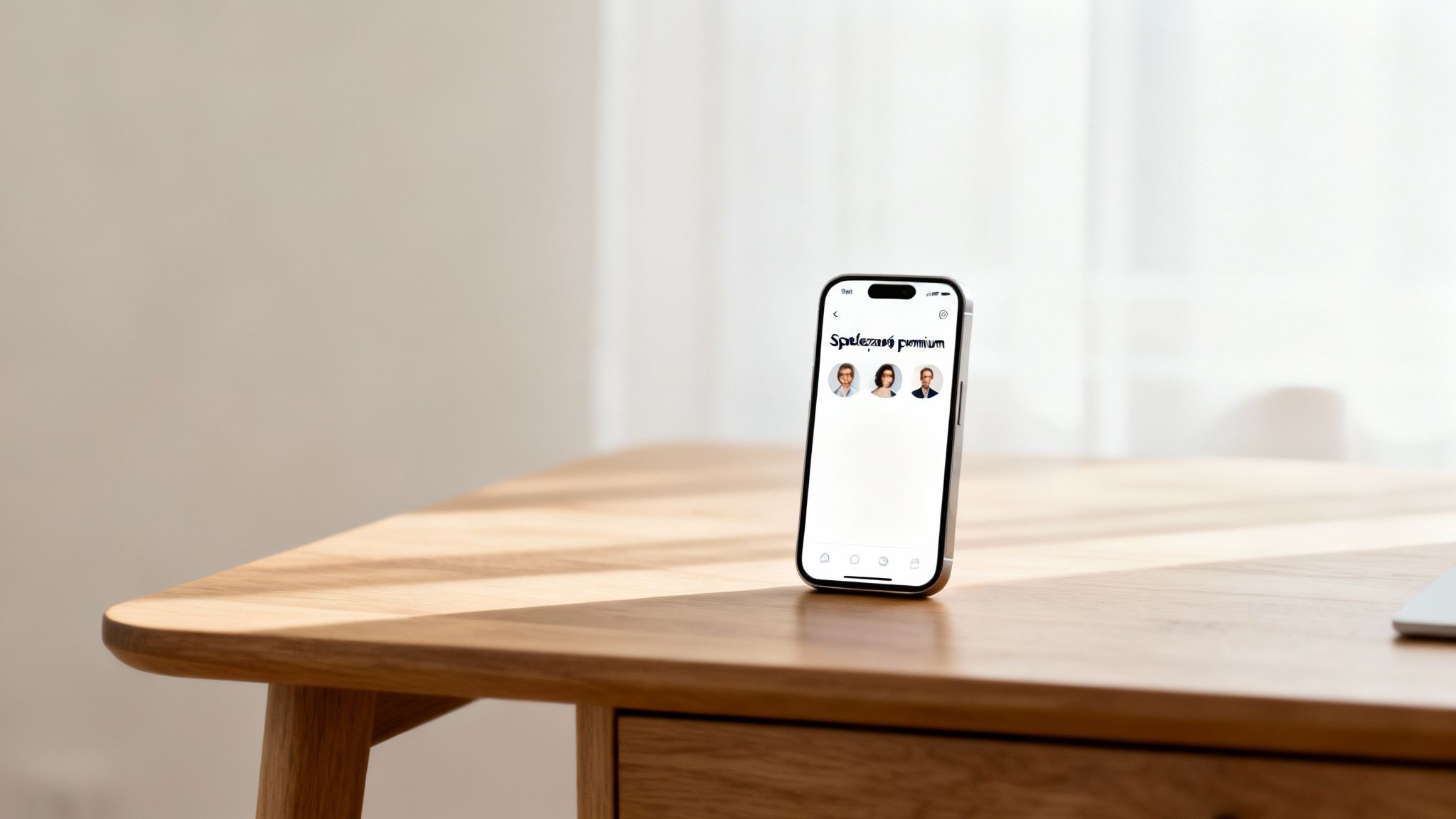 Smartfon leżący na drewnym biurku w jasnym pomieszczeniu. Na ekranie widać nagłówek „Społeczność premium” i trzy zdjęcia profilowe użytkowników.