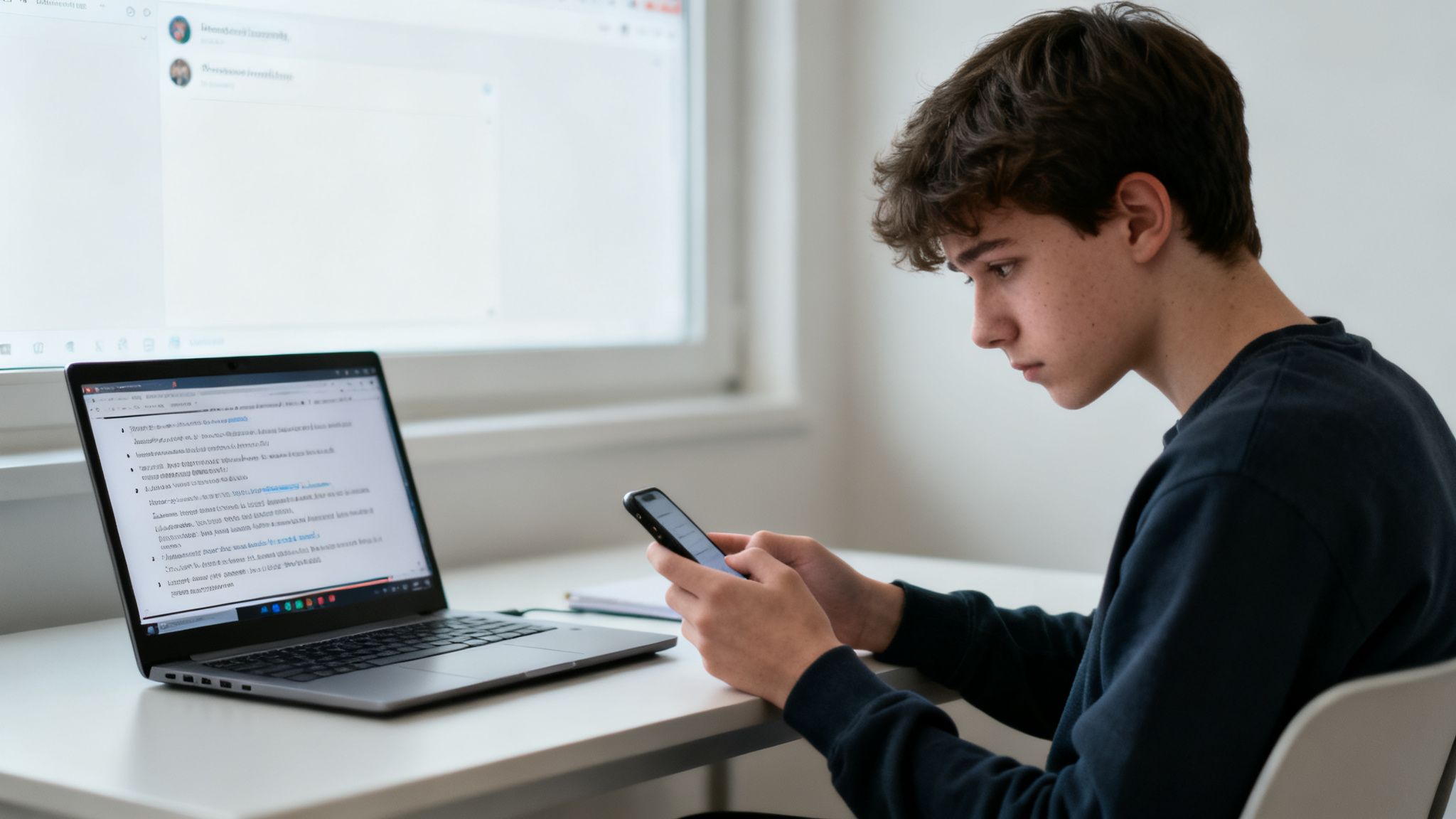 A young student at a desk, looking at their phone with a laptop open in front of them.