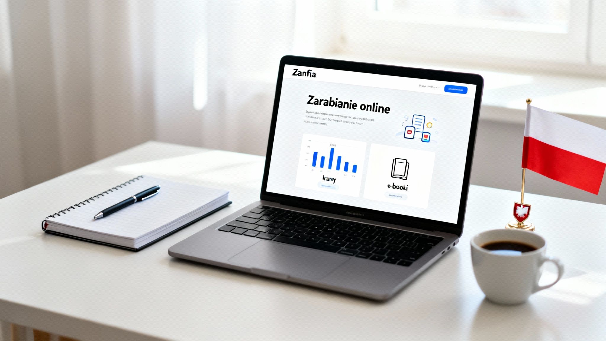 Biurko z laptopem prezentującym stronę o zarabianiu online, notesem, długopisem, kawą i polską flagą.