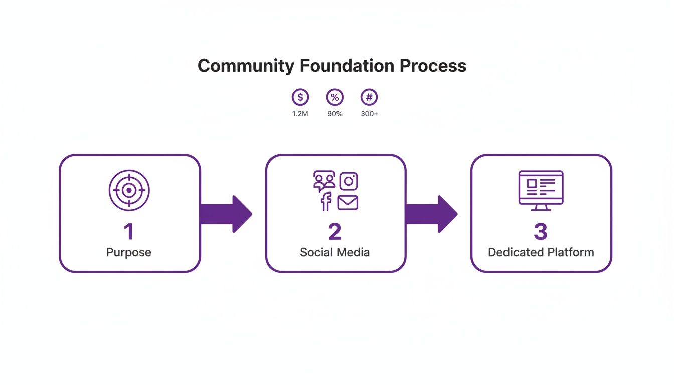 A diagram illustrating a 3-step community foundation process: Purpose, Social Media, and Dedicated Platform.