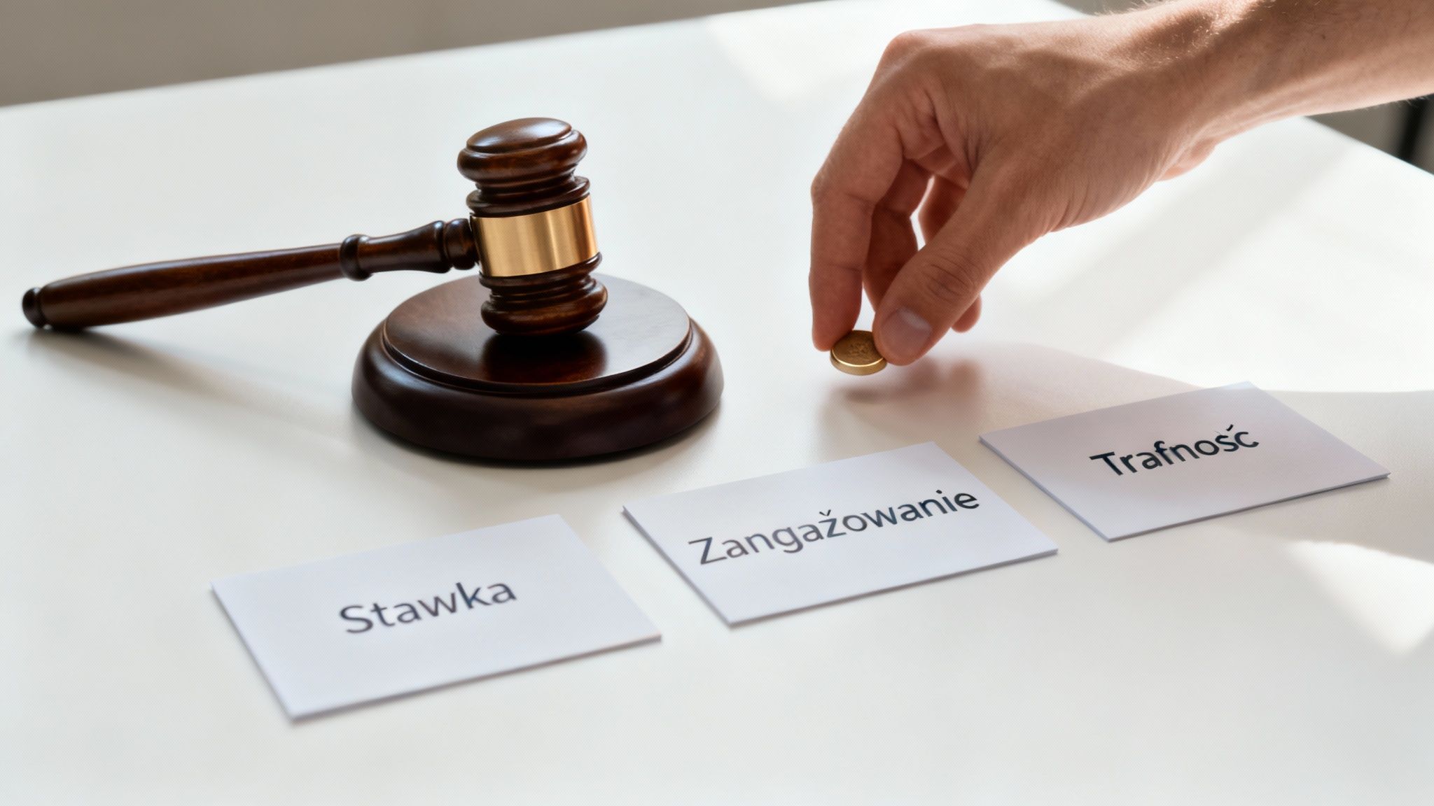 Ręka umieszczająca monetę przy kartach z napisami Stawka, Zaangażowanie, Trafność oraz młotkiem sędziowskim