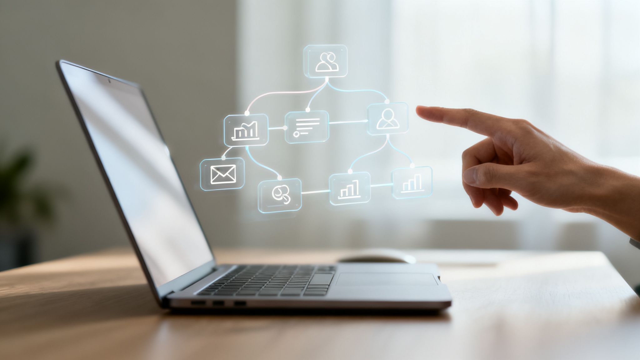 Ręka wskazuje holograficzny schemat organizacyjny z ikonami biznesowymi obok laptopa na drewnianym biurku.