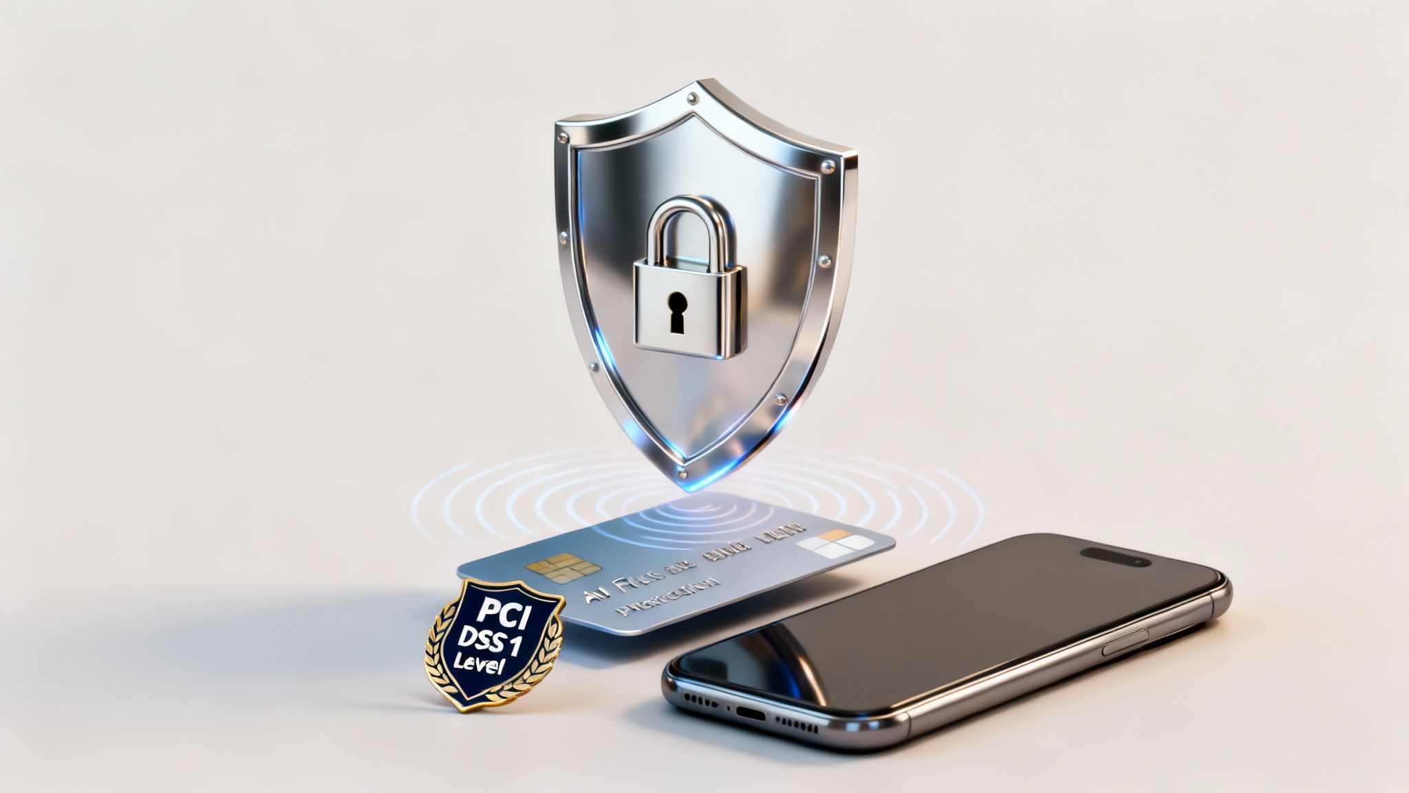 Srebrna tarcza z kłódką chroni kartę kredytową i smartfon, symbolizując bezpieczeństwo płatności PCI DSS.