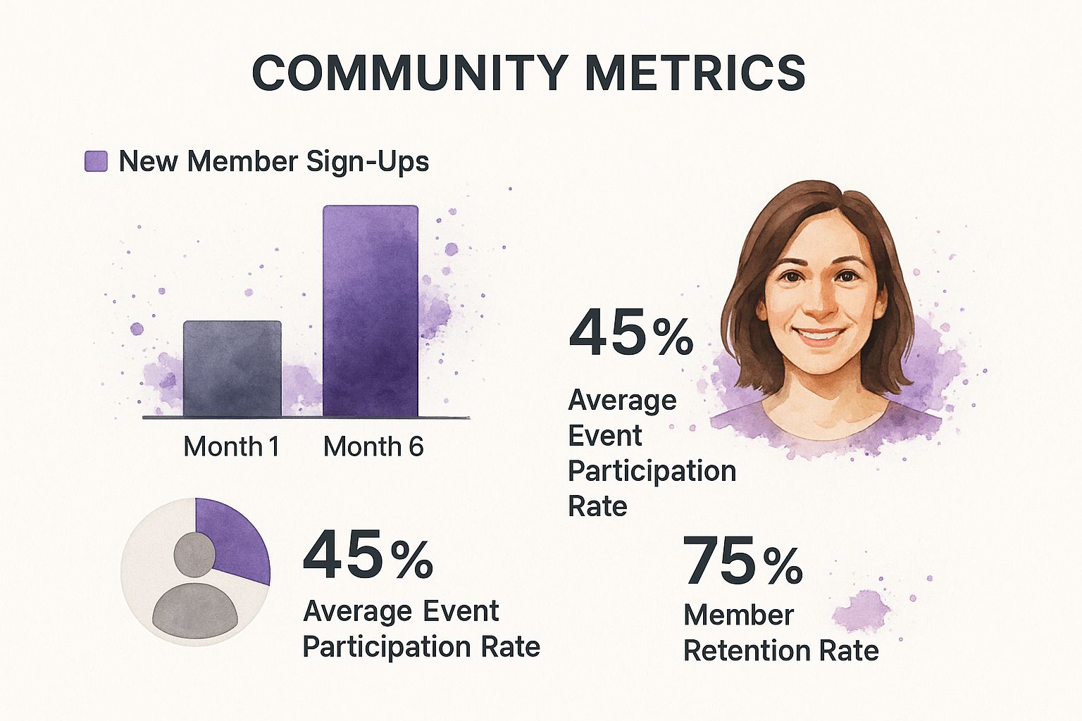 Infographic visualizing community growth metrics including new member sign-ups, event participation, and member retention rates.