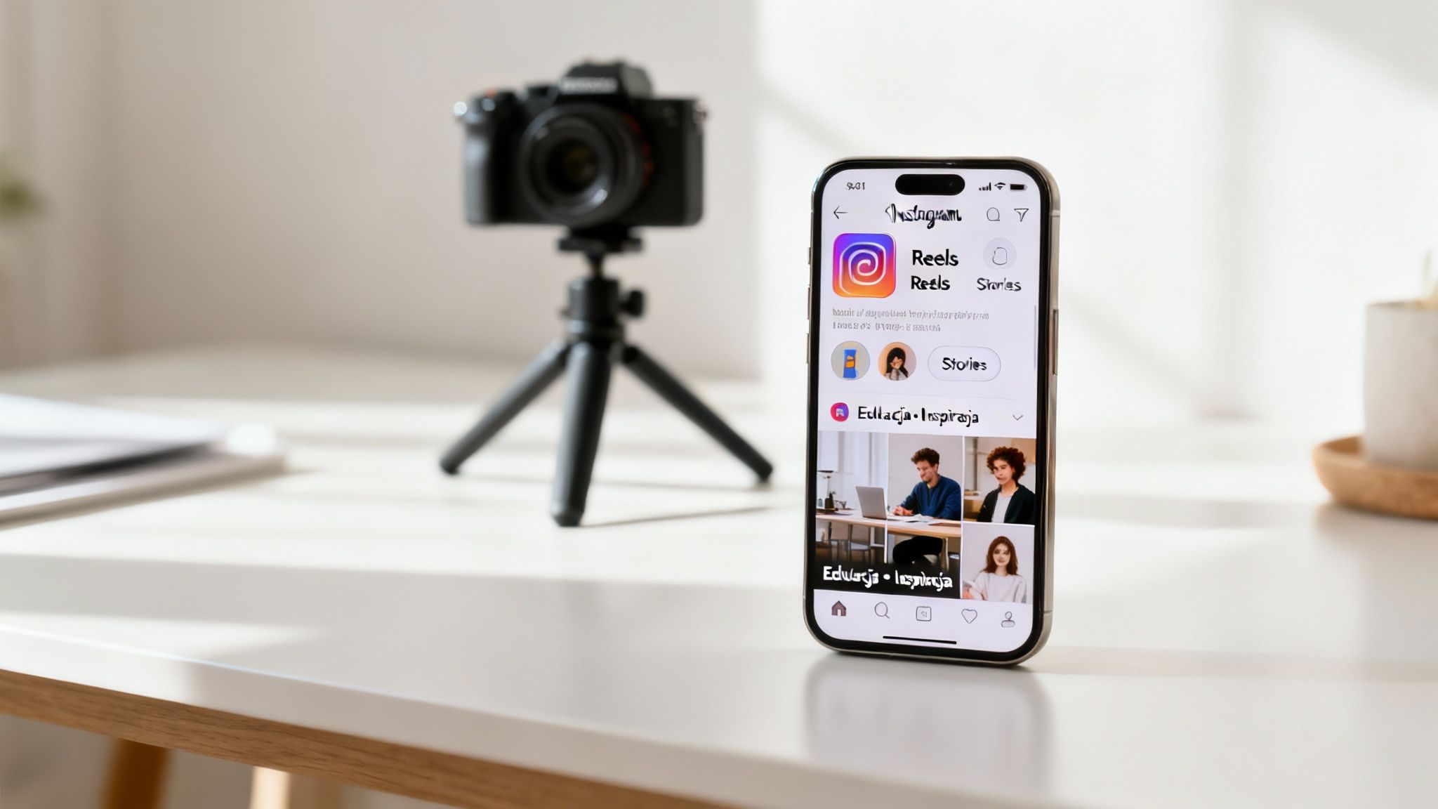 Smartfon z otwartą aplikacją Instagram Reels na białym biurku, obok aparatu na statywie, gotowy do tworzenia treści.