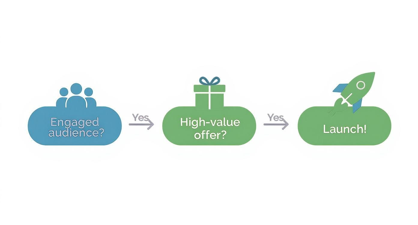 Product launch decision flowchart showing engaged audience leading to high-value offer and successful launch