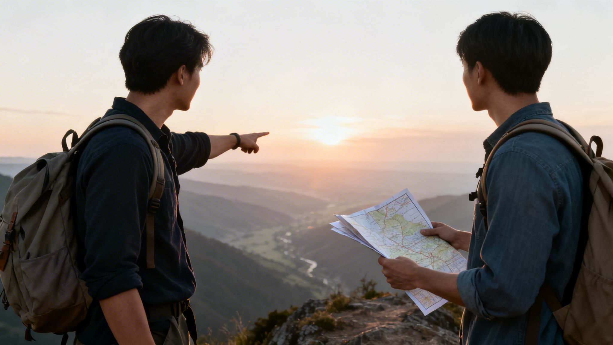 Two hikers with backpacks on a mountain peak at sunset, one pointing while the other holds a map.