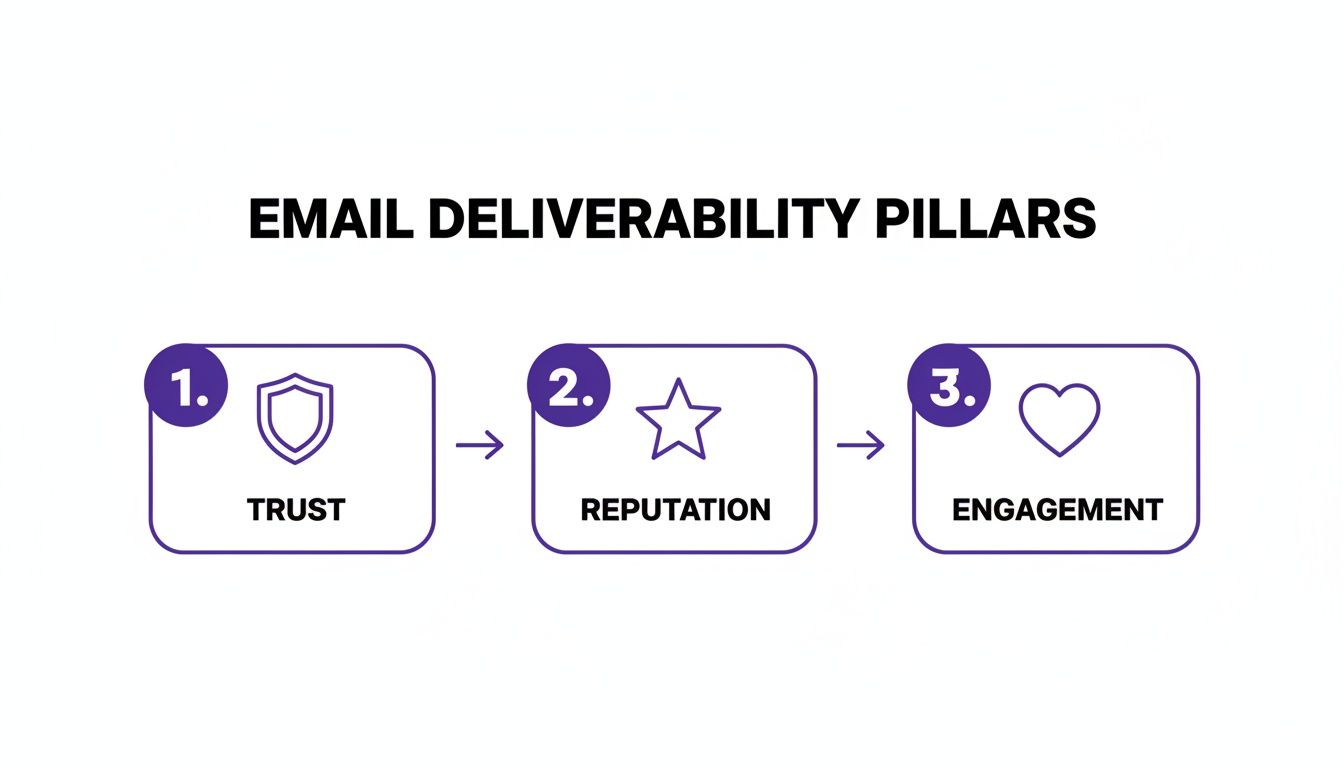 Diagram illustrating the three key pillars for successful email deliverability: Trust, Reputation, Engagement.