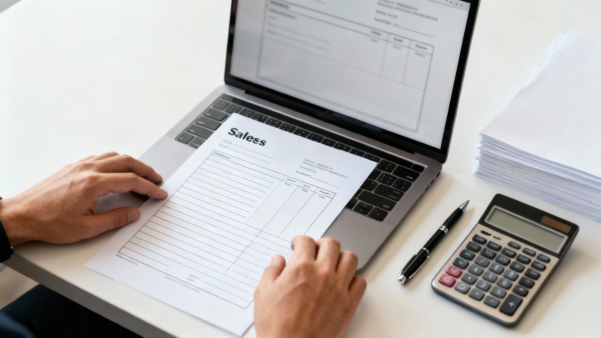 Mężczyzna trzyma dokument 'Saless' nad laptopem, obok leży kalkulator i długopis na białym biurku.
