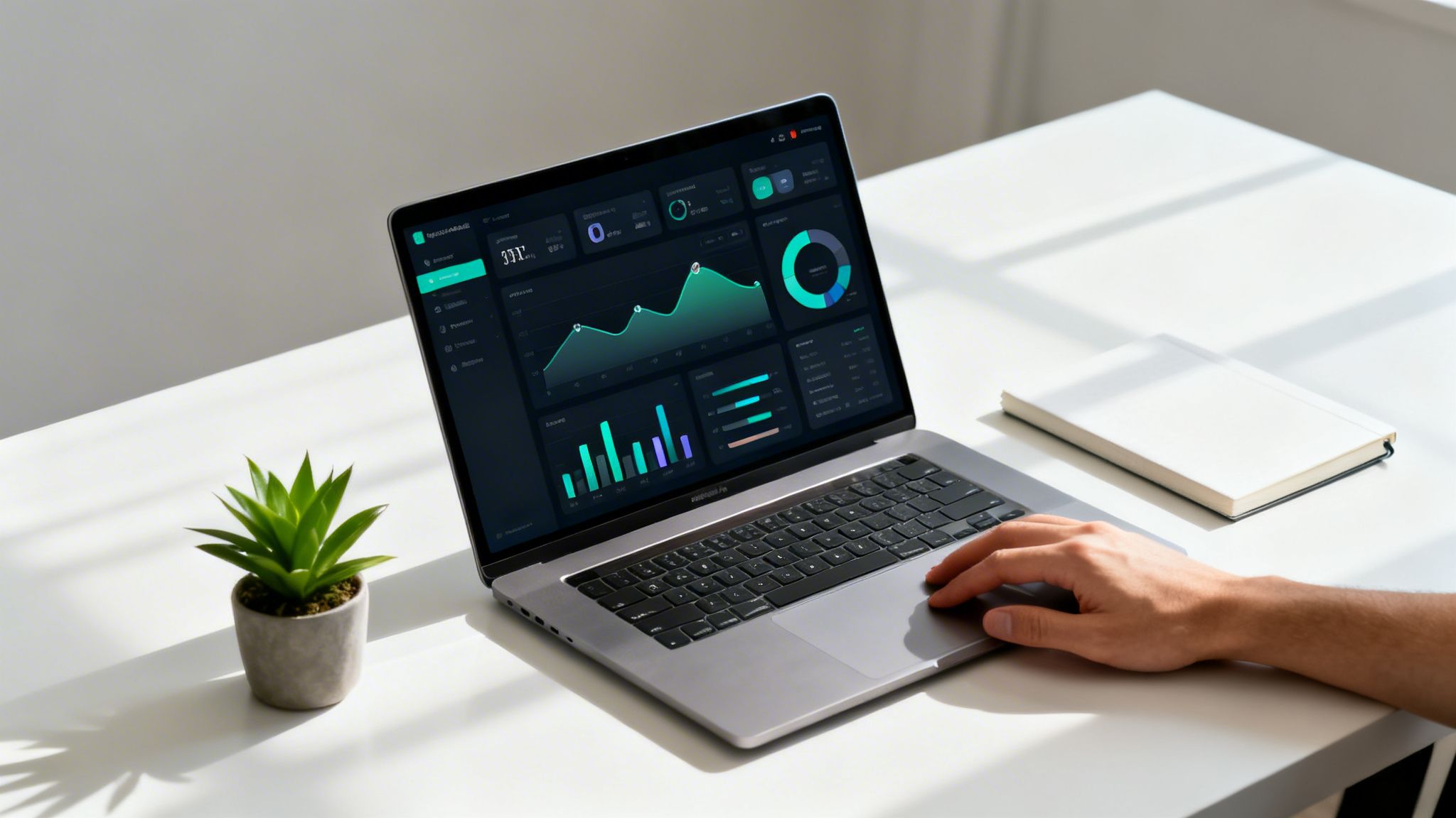 Laptop z wykresem danych, dłoń na touchpadzie, roślina i notatnik na biurku, światło słoneczne.