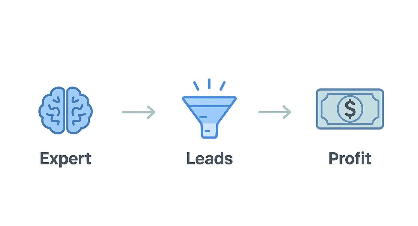 Infografika przedstawiająca proces przekształcania wiedzy eksperckiej w leady i zyski za pomocą webinarów.
