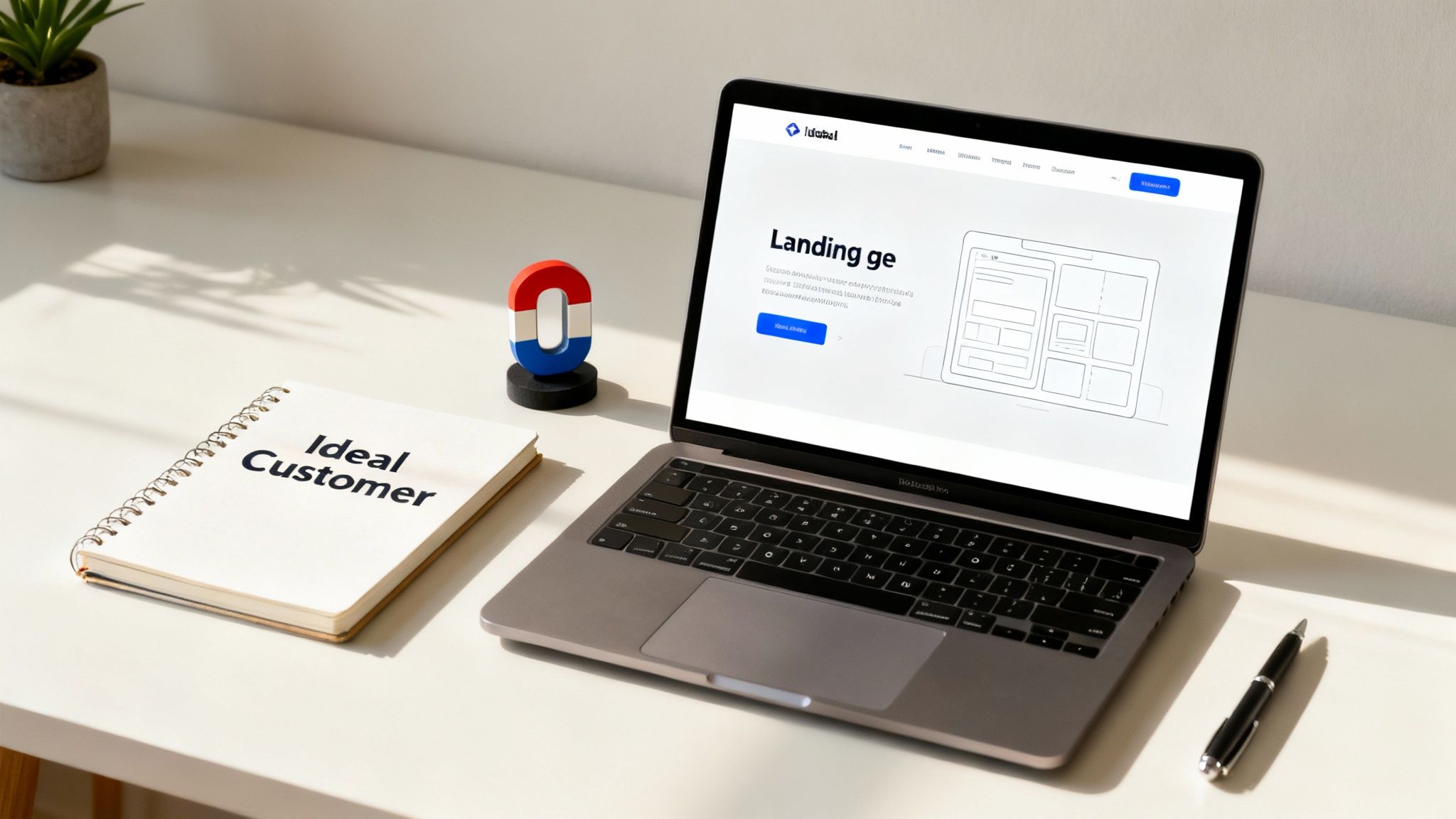 A minimalist desk setup with a laptop displaying a 'Landing page' design, an 'Ideal Customer' notebook, and a decorative '0' object.