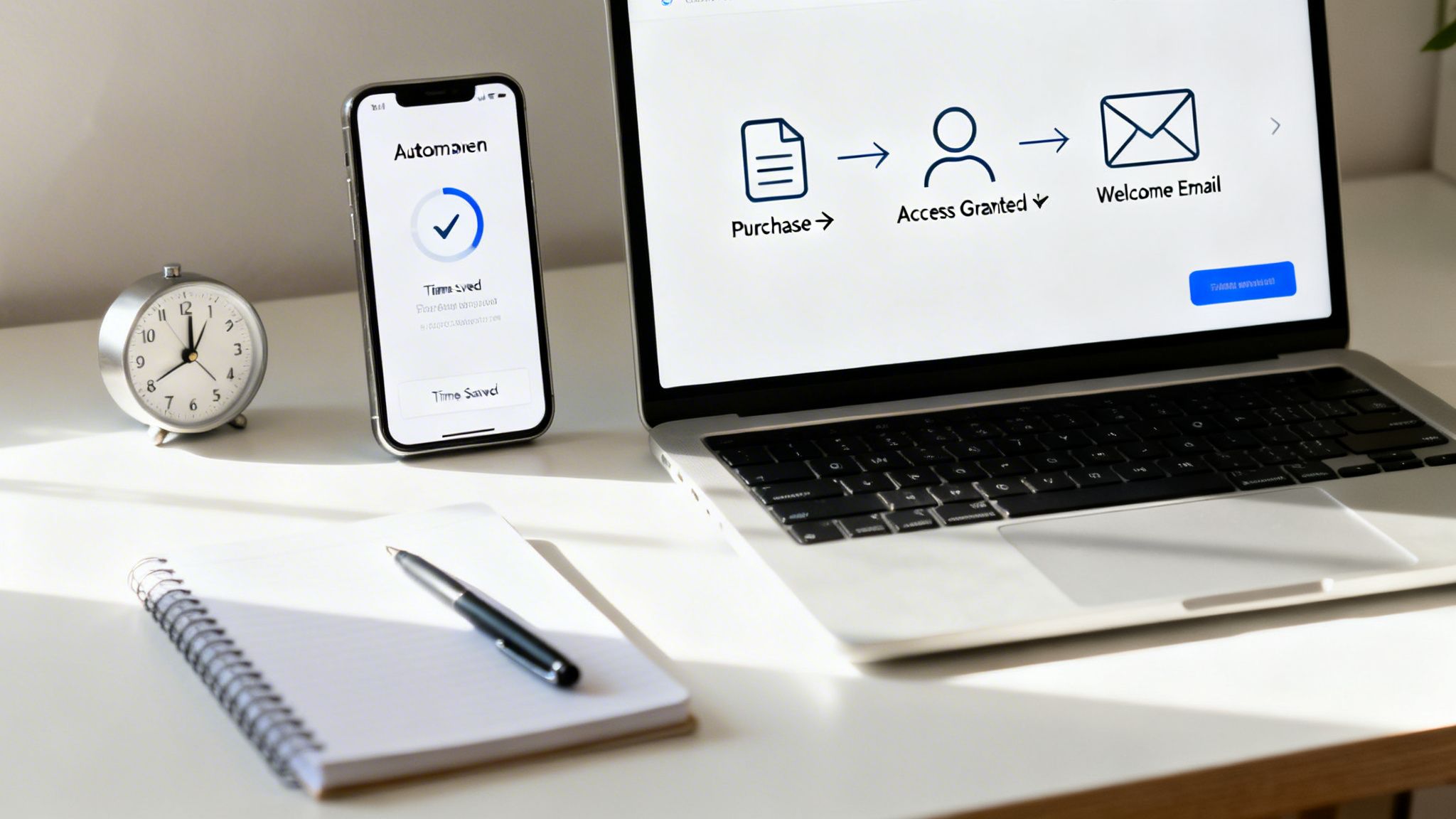 A desk with a laptop displaying a purchase workflow and a smartphone showing a 'time saved' automation.