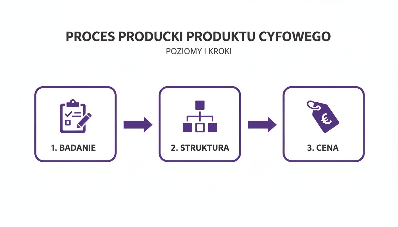 Wykres przedstawiający trzystopniowy proces produkcji produktu cyfrowego, obejmujący badanie, strukturę i cenę.
