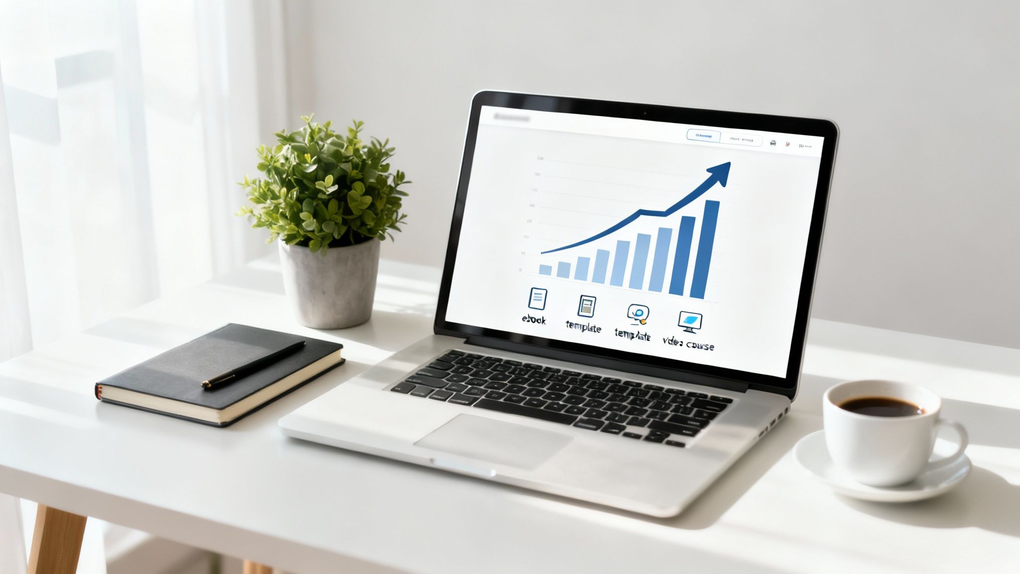 A laptop on a bright desk displays a growth chart for digital products like ebooks and courses.