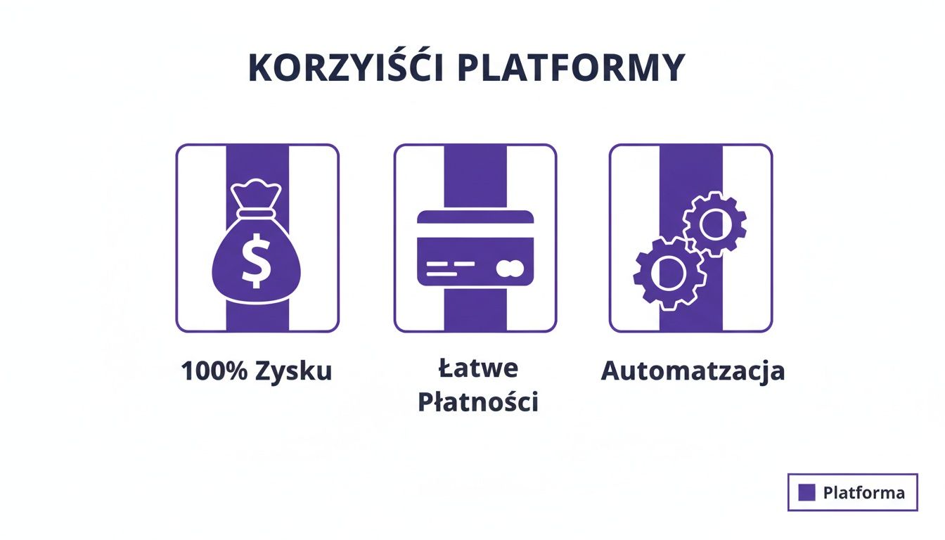 Grafika przedstawia trzy główne korzyści platformy: 100% zysku, łatwe płatności i automatyzację procesów.