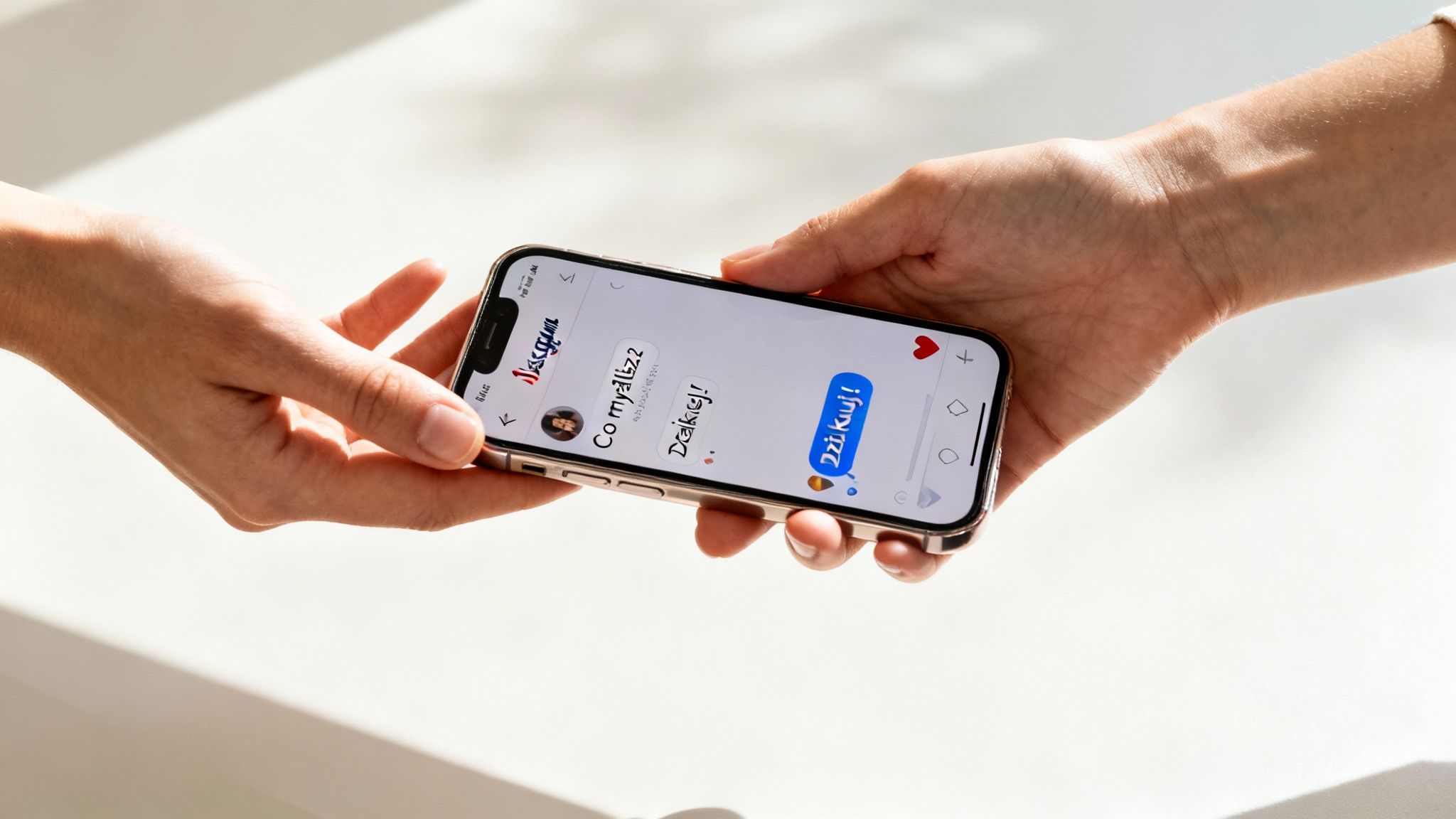 Dłonie trzymające smartfon z otwartą aplikacją do czatowania, pokazującą wiadomości po polsku, m.in. 'Co myślisz?' i 'Dziękuj!'.