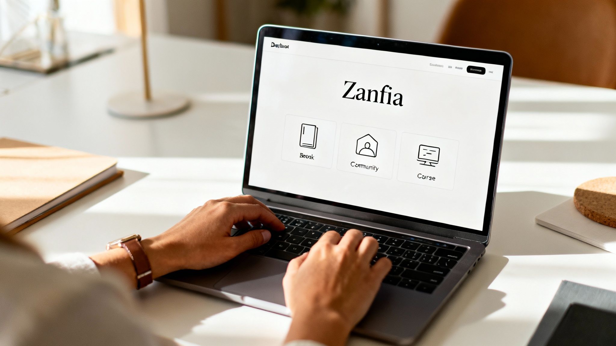 A person types on a laptop displaying a website for 'Zanfia' with options for 'Berak', 'Community', and 'Corse'.