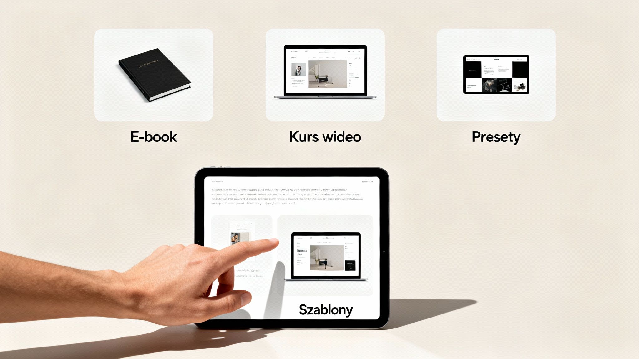 Różne produkty cyfrowe, takie jak e-book, kurs wideo, presety i szablony, prezentowane na ekranach urządzeń.