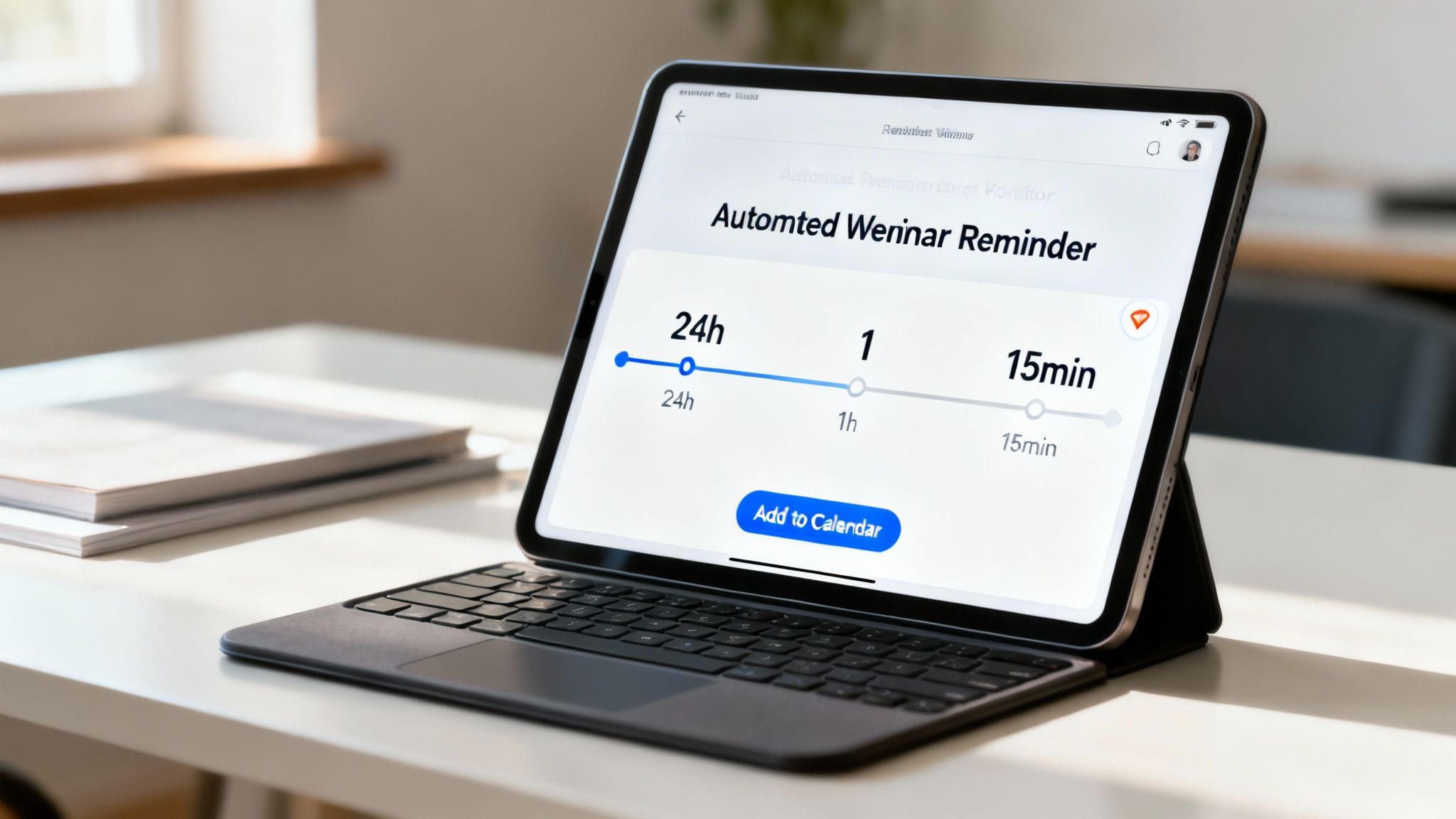 A creator repurposing a webinar recording into different content formats on a laptop.