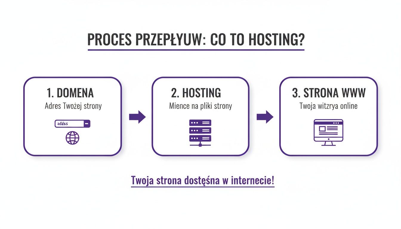Infografika przedstawiająca proces przepływu hostingu: od domeny, przez serwer, do strony WWW dostępnej w internecie.