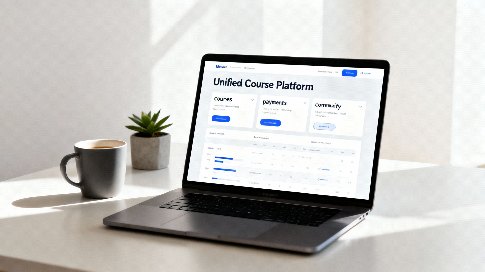 Laptop wyświetlający zunifikowaną platformę do tworzenia kursów online z modułami kursu, płatności i społeczności