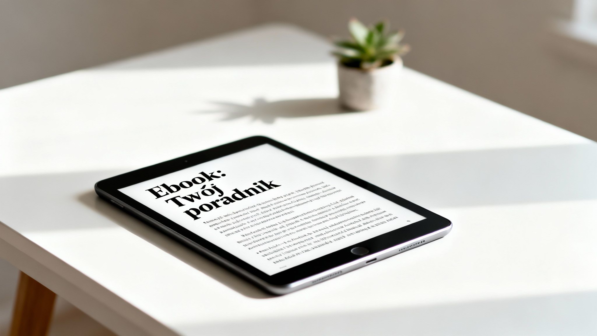 Czarny czytnik e-booków z tytułem 'Ebook: Twój poradnik' na białym stole w słonecznym świetle, z rośliną w tle.