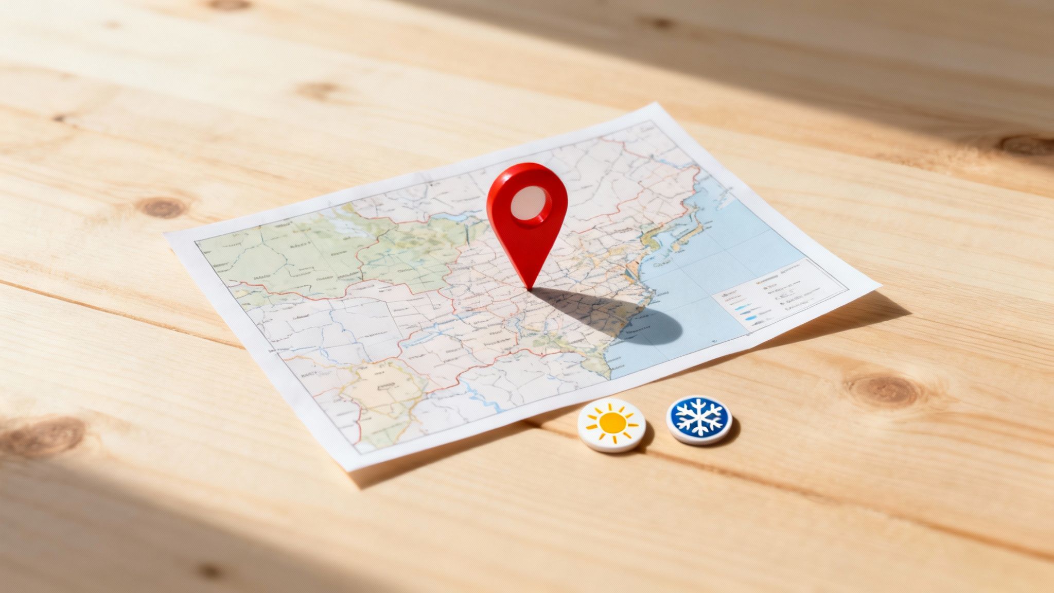 Red location pin on map with sun and snowflake icons representing geographic targeting