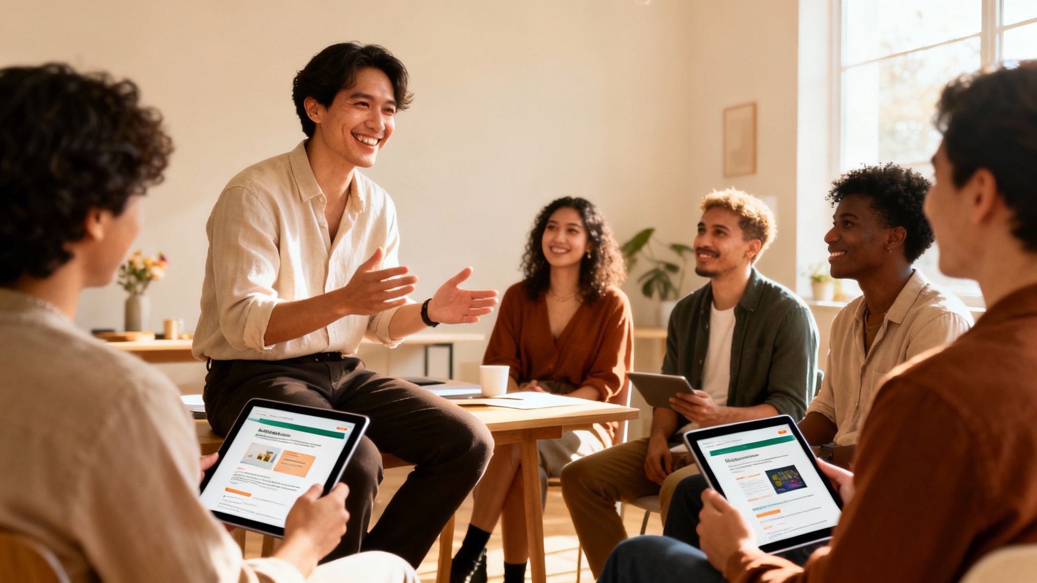 Smiling diverse young adults engaged in a collaborative meeting, some using tablets for learning.