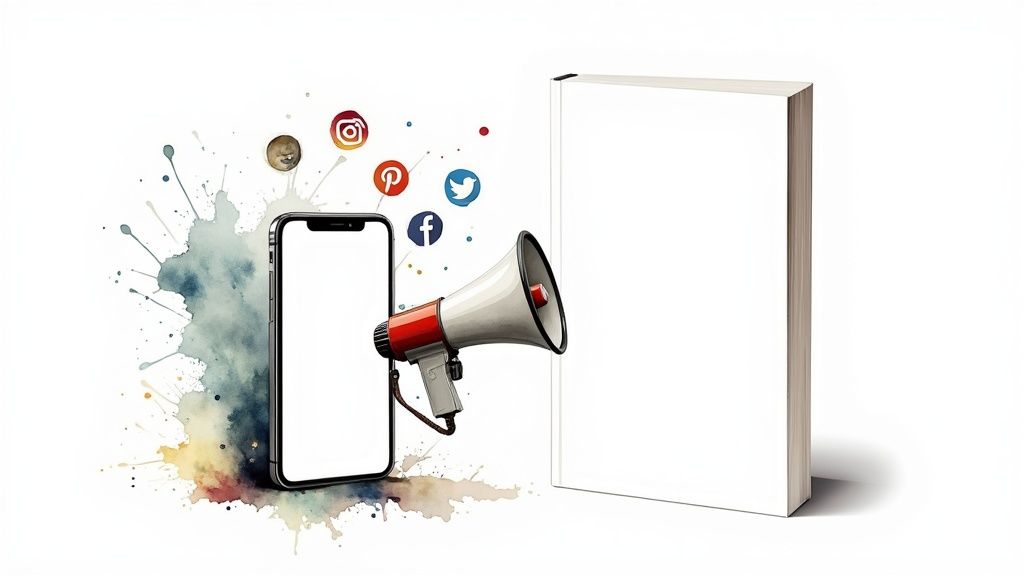 A vibrant online community interacting on various devices, with an ebook cover prominently displayed.