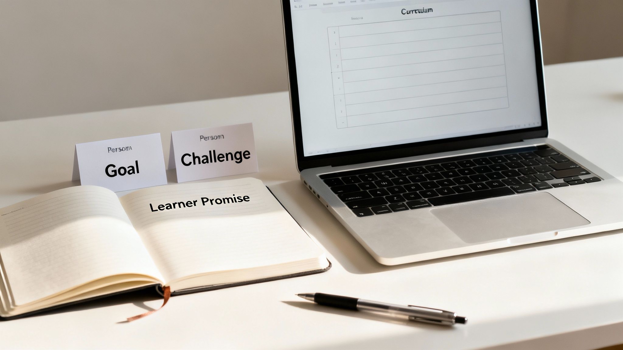 An image of a woman thoughtfully arranging sticky notes on a clear board, representing the process of structuring a curriculum.
