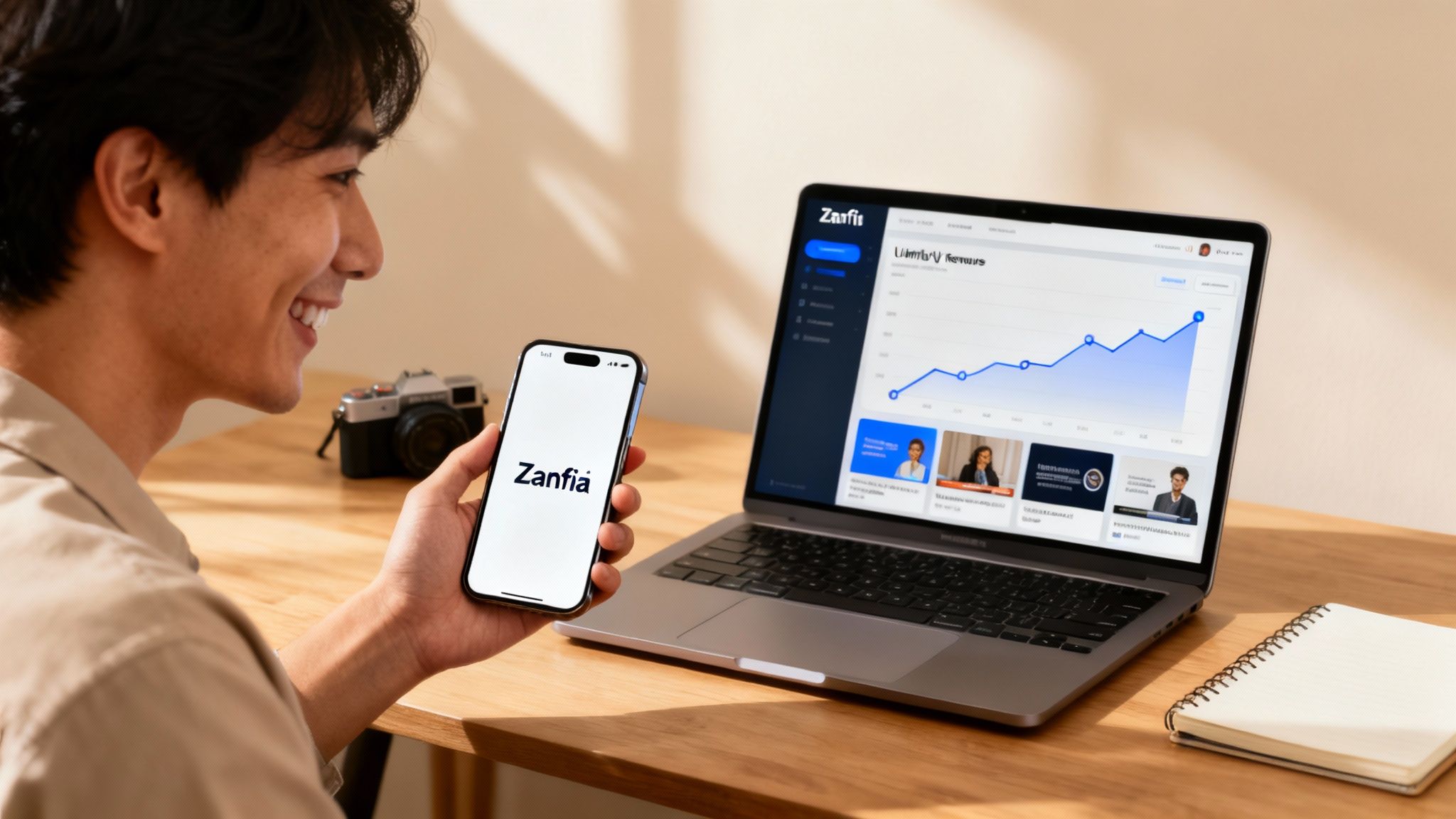 Smiling man viewing Zanfia's digital platform on his phone and laptop, with a camera and notebook.