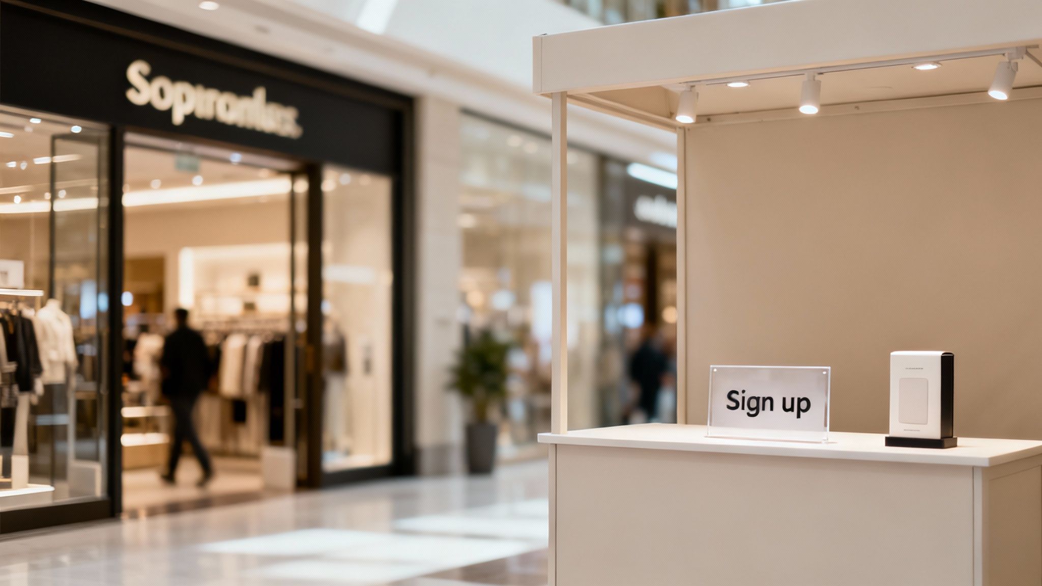 A promotional 'Sign up' booth stands in a modern shopping mall, with a clothing store visible in the background.