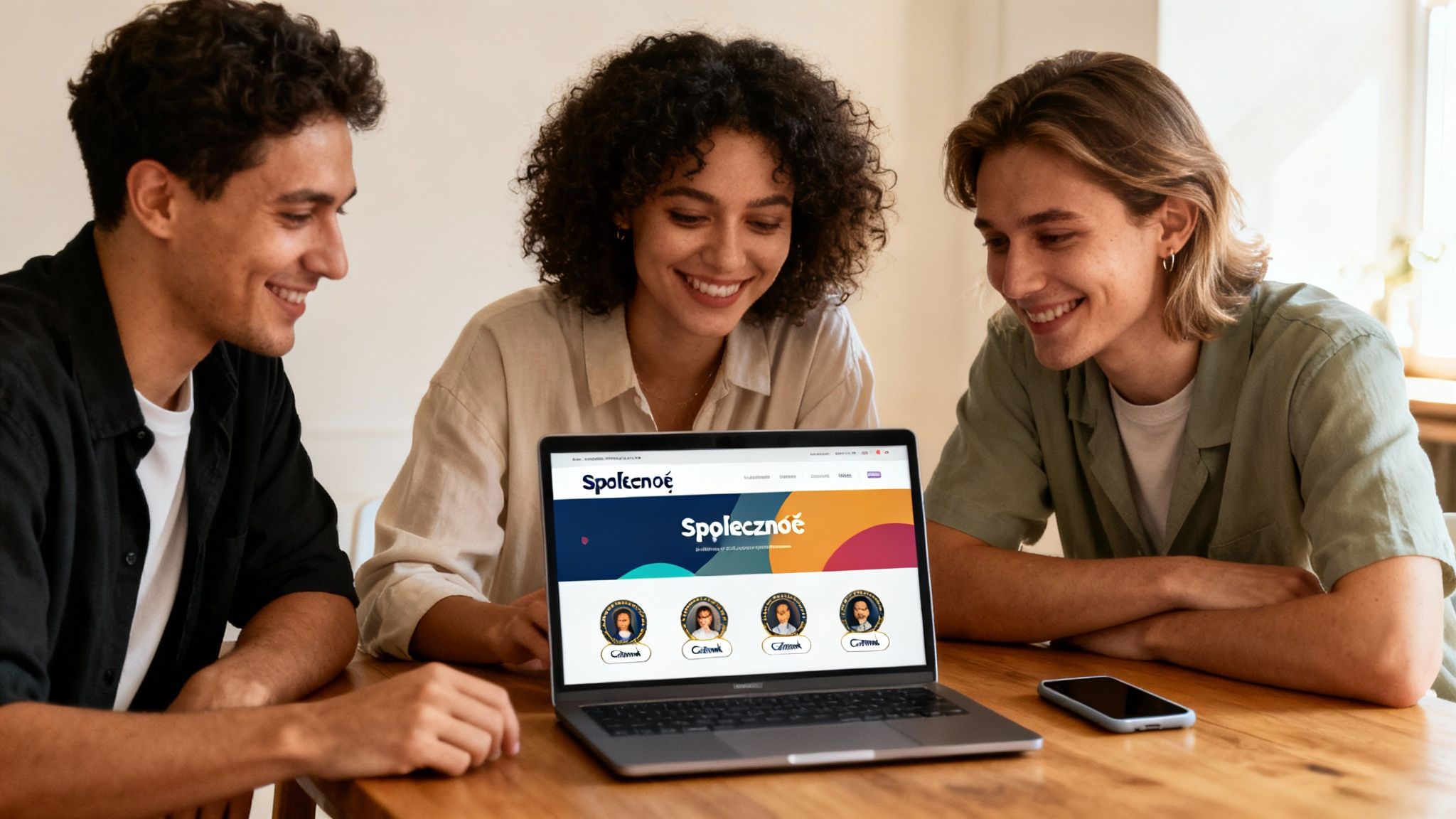 Trzy uśmiechnięte osoby, dwóch mężczyzn i kobieta, wspólnie pracują przy laptopie wyświetlającym stronę internetową.