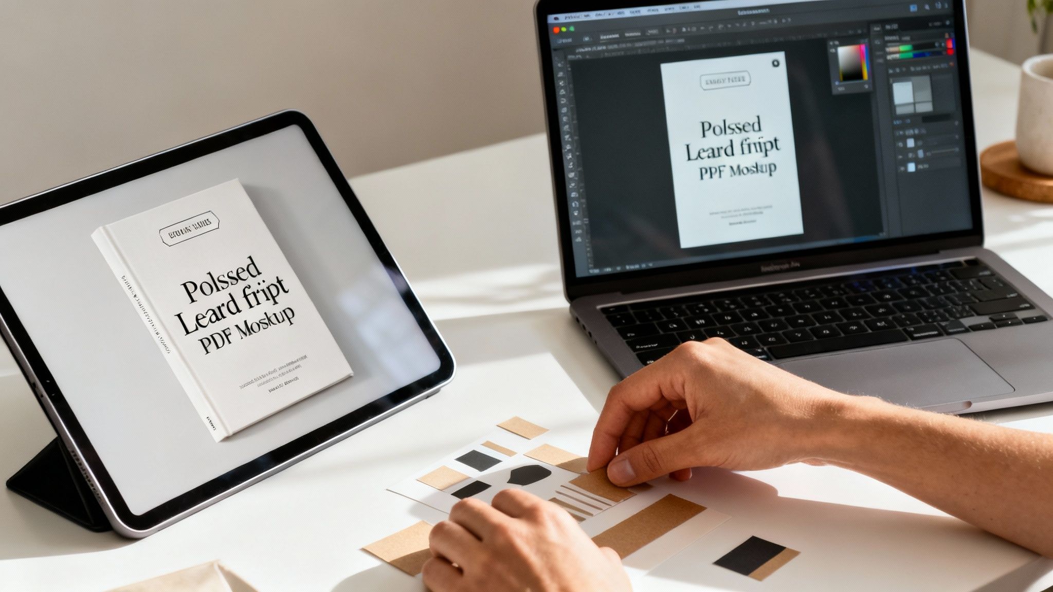 Hands arranging design elements on a desk with a laptop and tablet showing book mockups.