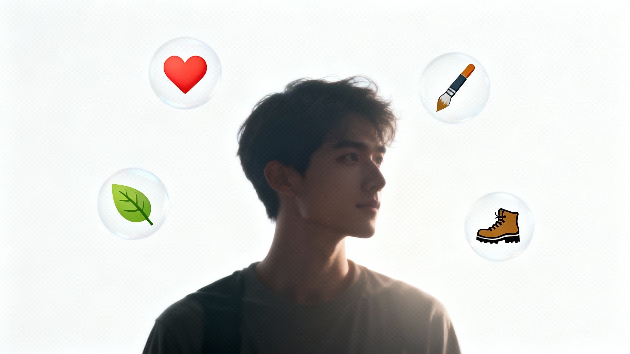 Young man in profile with floating icons representing heart, nature, art, and adventure interests