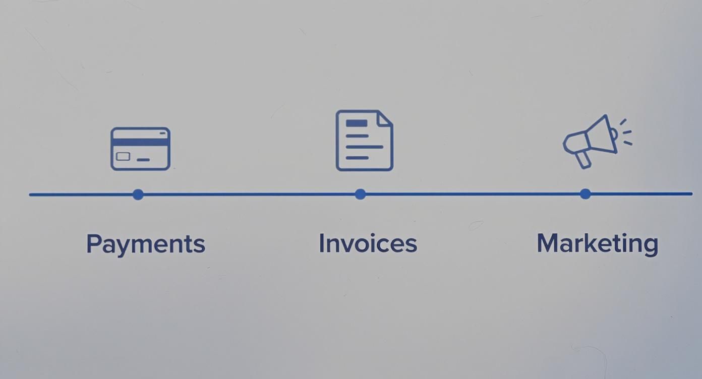 Diagram procesu biznesowego pokazujący trzy etapy: płatności, faktury i marketing połączone linią