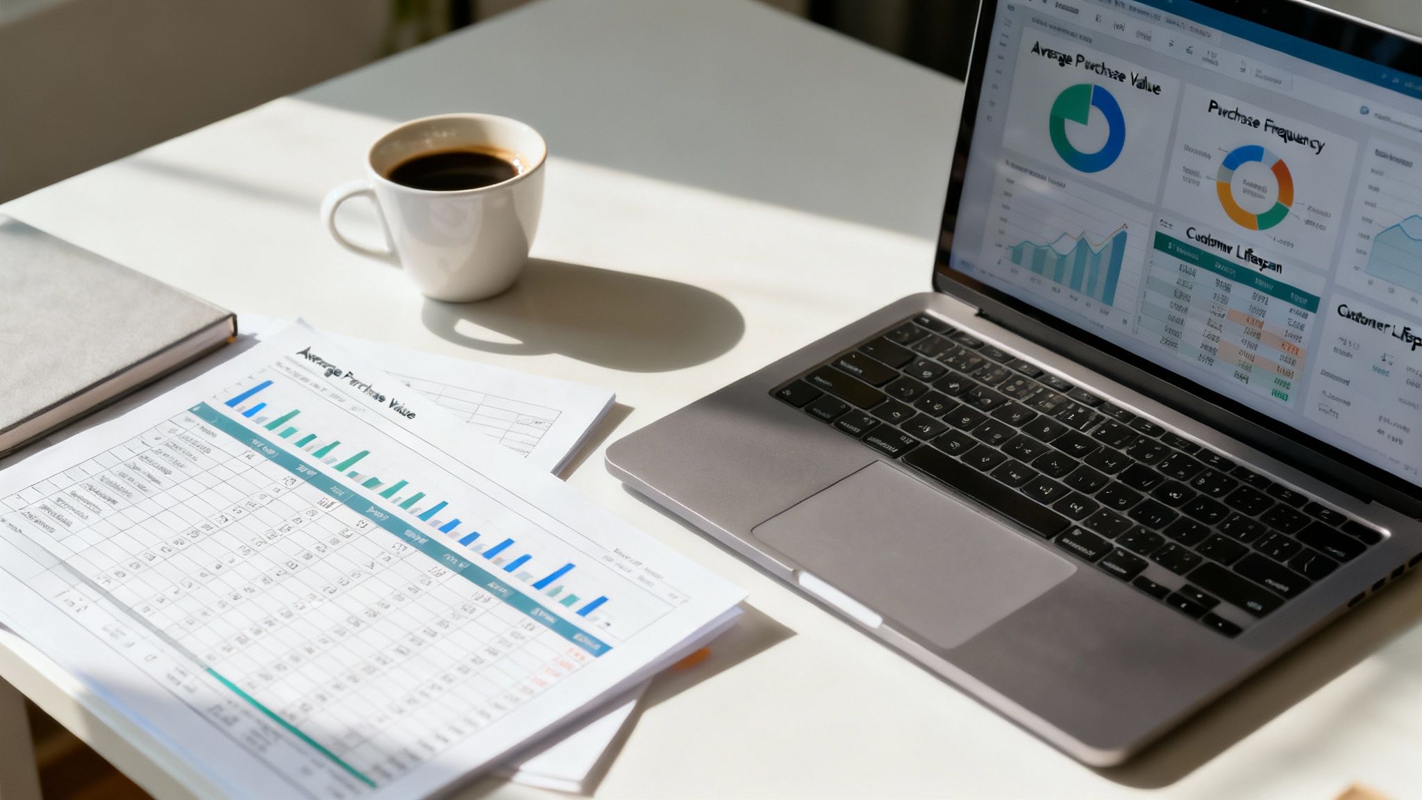 A person at a desk analyzing charts and data on a computer screen.