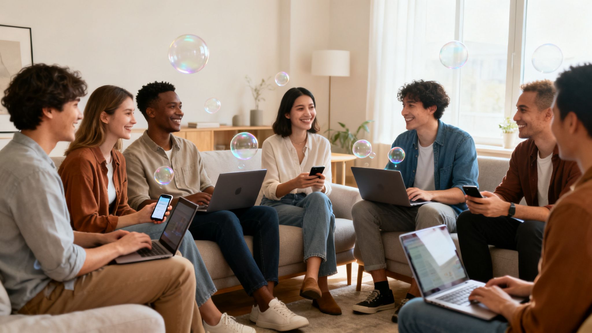 Grupa uśmiechniętych, młodych ludzi w salonie, korzystających z laptopów i telefonów, otoczonych kolorowymi bańkami mydlanymi.