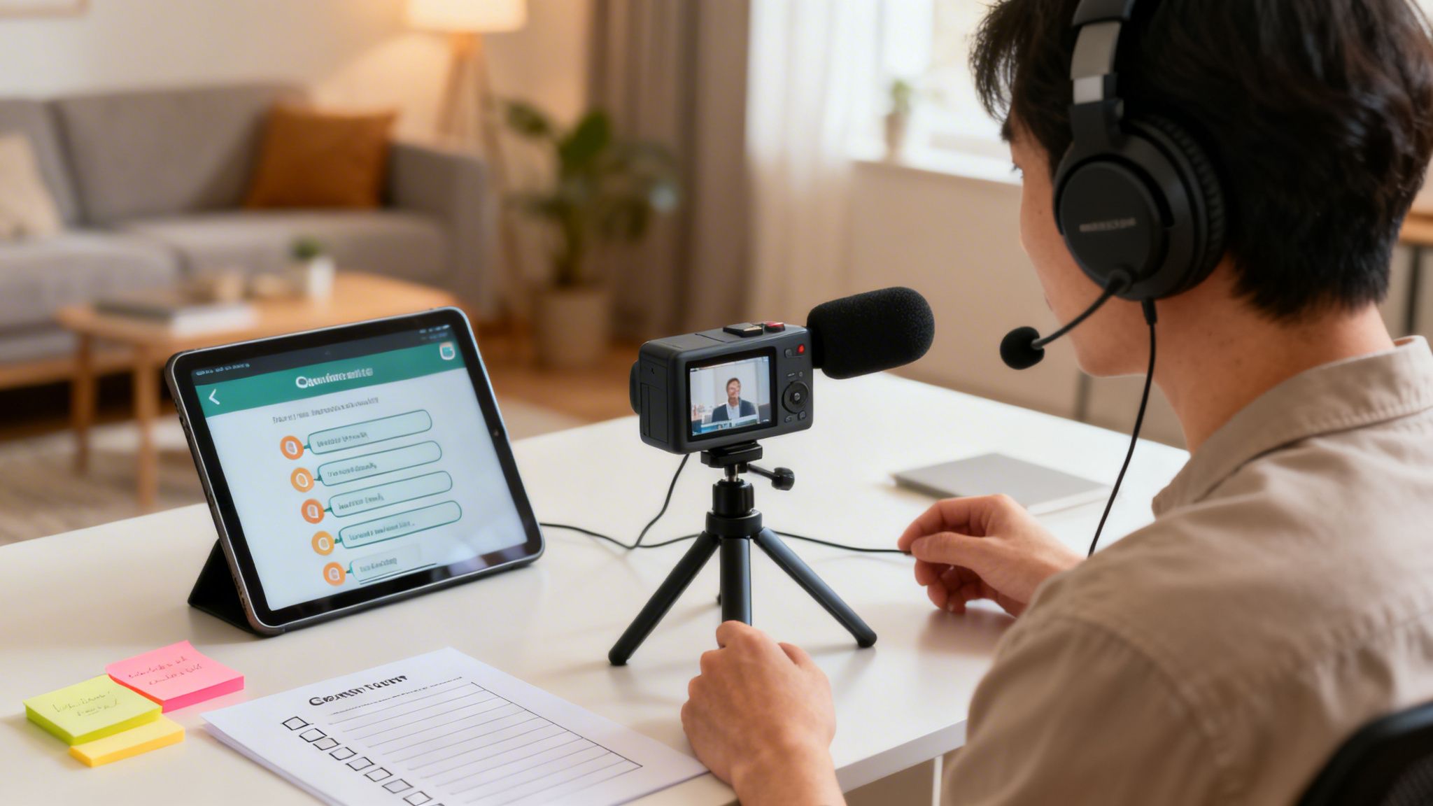 Młody mężczyzna w słuchawkach z mikrofonem nagrywa wideo, obok tablet z kursem e-learningowym.