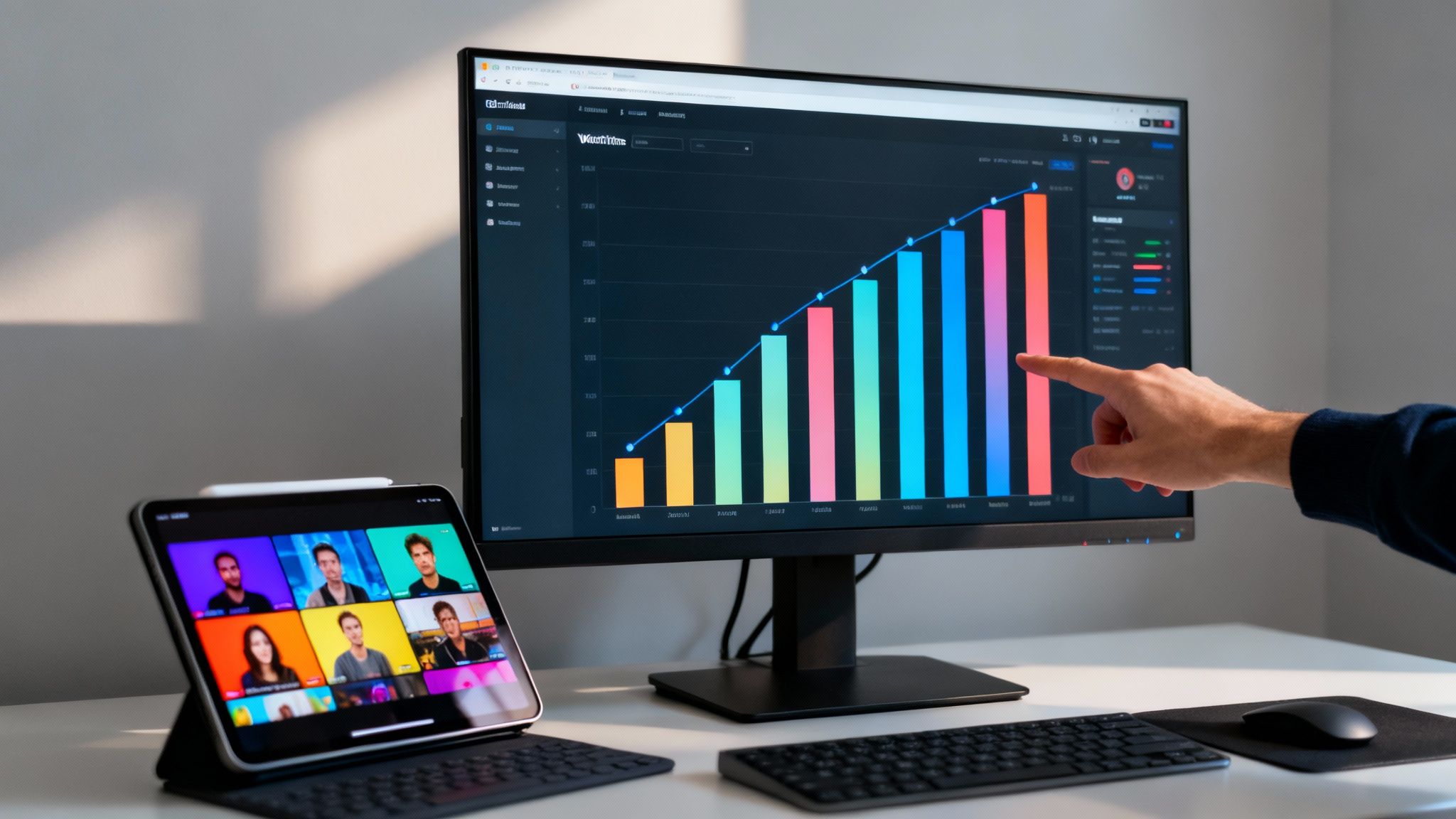 Ręka wskazuje na monitor wyświetlający wykres wzrostu, obok tablet z wideokonferencją i klawiatura.