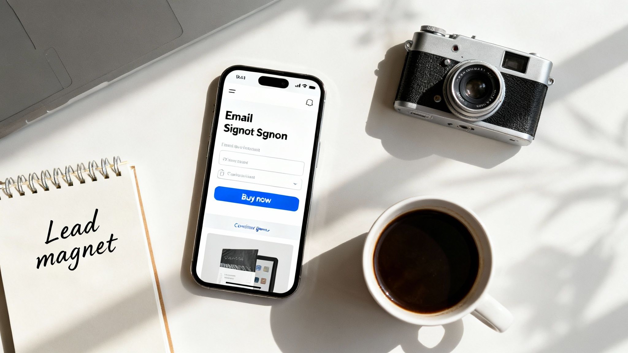 Flat lay of a modern workspace with a laptop, smartphone, vintage camera, and lead magnet notebook.
