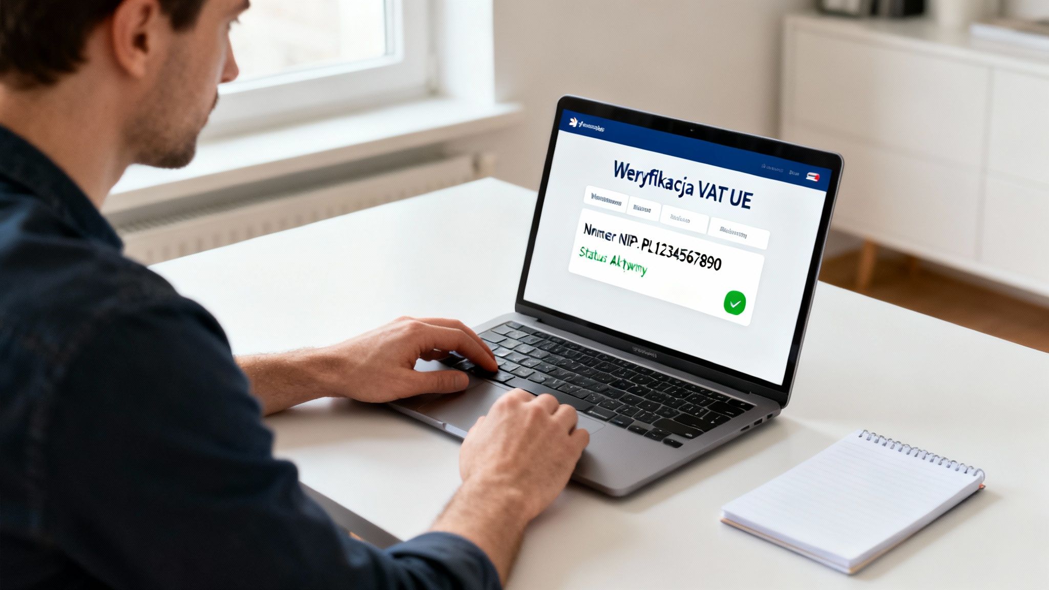 Mężczyzna weryfikuje numer VAT UE na laptopie, wyświetlający status aktywny.