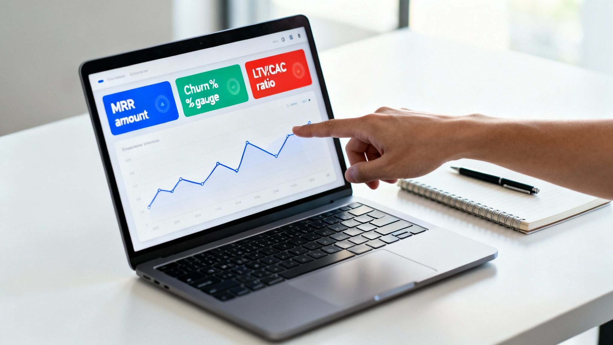 A hand points to a laptop screen showing a business dashboard with MRR, churn, and LTV:CAC metrics, highlighting data analysis.