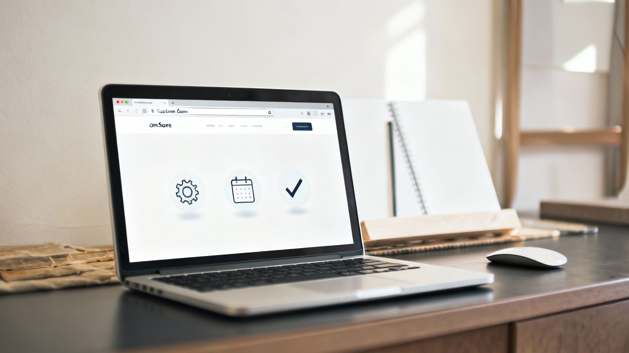 A silver laptop displaying an online platform with settings, calendar, and checkmark icons on a wooden desk.