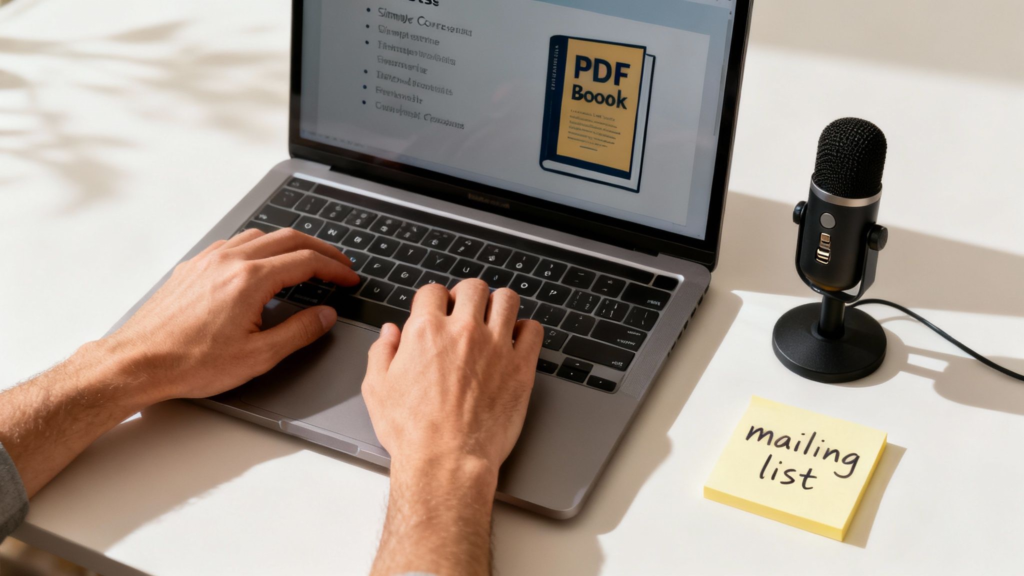 Osoba pracująca na laptopie przy tworzeniu e-booka PDF i budowaniu listy mailingowej do zarabiania online