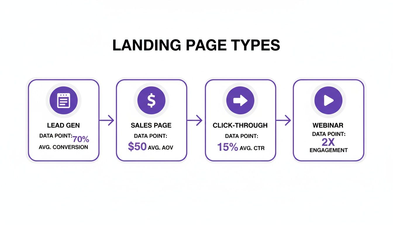 Infographic showing four types of landing pages: Lead Gen, Sales Page, Click-Through, and Webinar, with their key performance indicators.