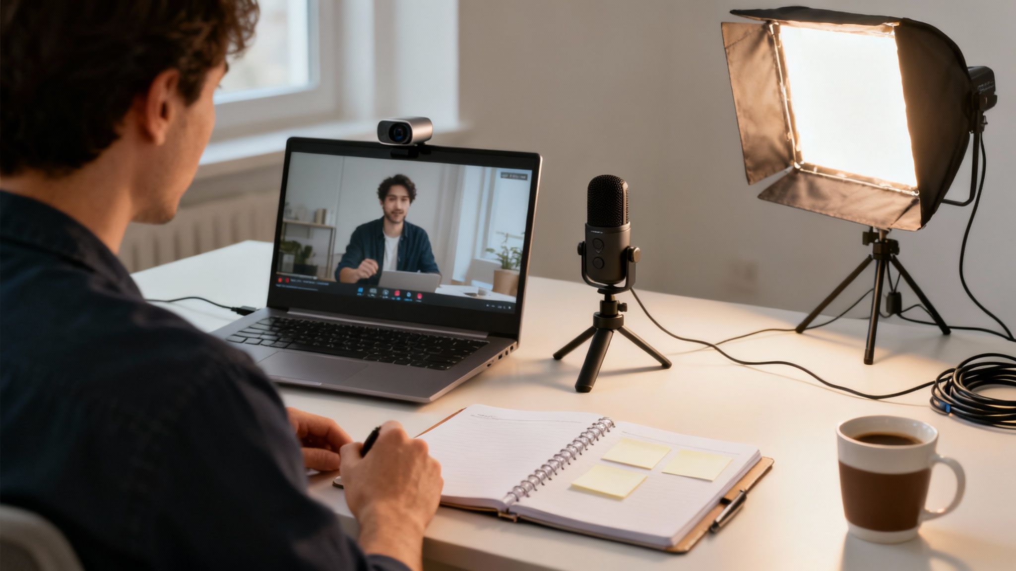 Mężczyzna uczestniczy w webinarze lub wideokonferencji, patrząc na ekran laptopa z zewnętrzną kamerą i mikrofonem.
