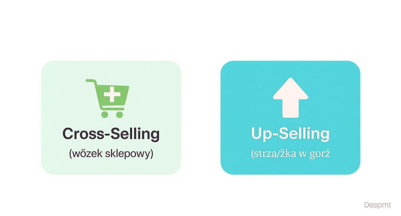 Dwie ikony przedstawiające cross-selling (wózek sklepowy) i up-selling (strzałka w górę) z krótkim opisem.